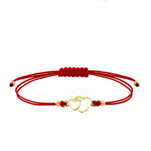 Braccialetto con filo rosso ed elemento in oro due cuori