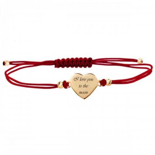 Braccialetto in filo rosso ed elemento cuore in oro 14 carati con messaggio inciso a scelta