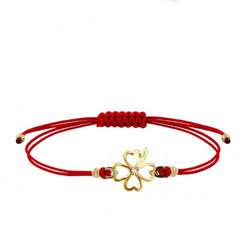 Braccialetto in filo rosso ed elemento quadrifoglio con zircone in oro 14 carati