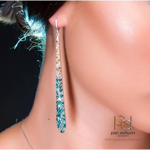 Orecchini d'argento con cristalli da Sw® SO370 Blue Zircon e Golden Shadow