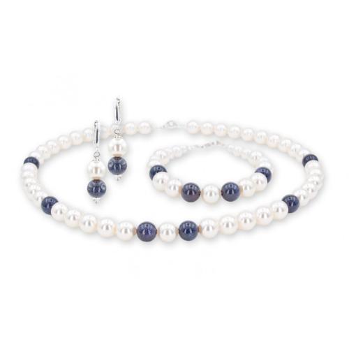 Collana, orecchini e bracciale con perle da Sw® con Aventurine ed elementi d'argento PP1