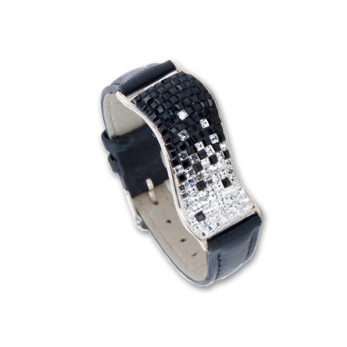 Bracciale d'argento con cristalli Sw® SG427 Black and White con catena in pelle nera