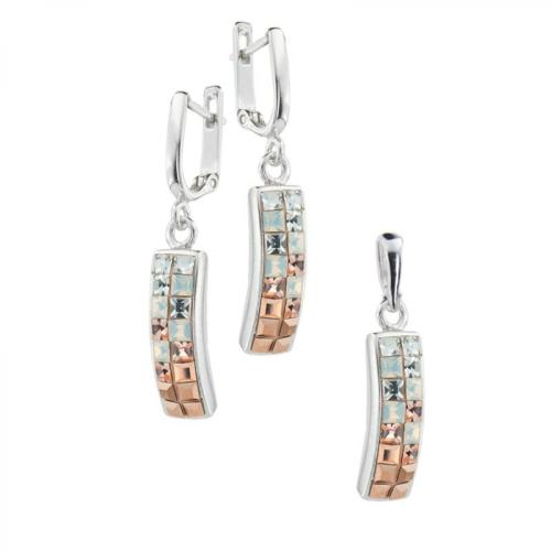 Set d'argento orecchini e medaglione  con cristalli da Sw® SKM114 White Opal And Rose Gold Squares