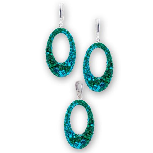 Set di orecchini e pendente in argento con cristalli Sw® SKM129 Blue Zircon and Emerald